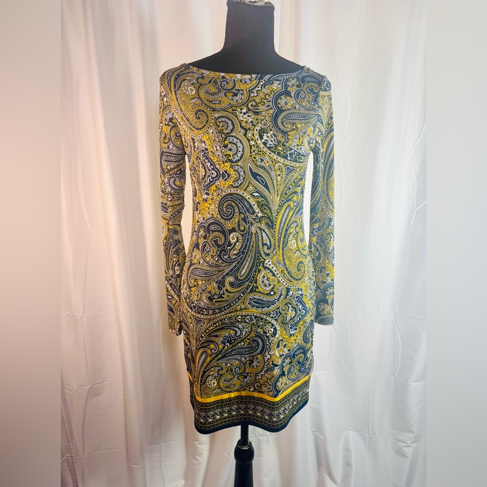 Michael Kors Blue & Yellow Paisley Boat Neck Shift Dress